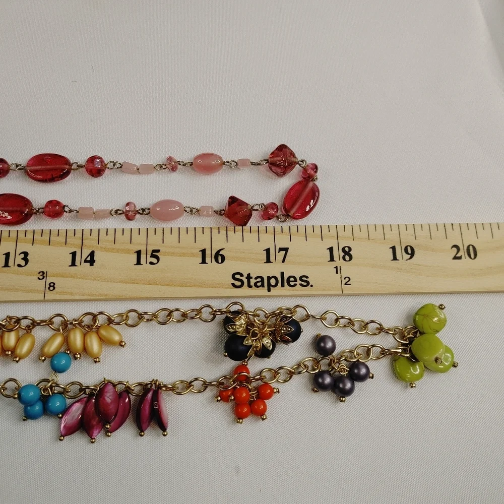Boho Beaded Necklace Bundle Long Statement Pink Glass + Multicolor Charm